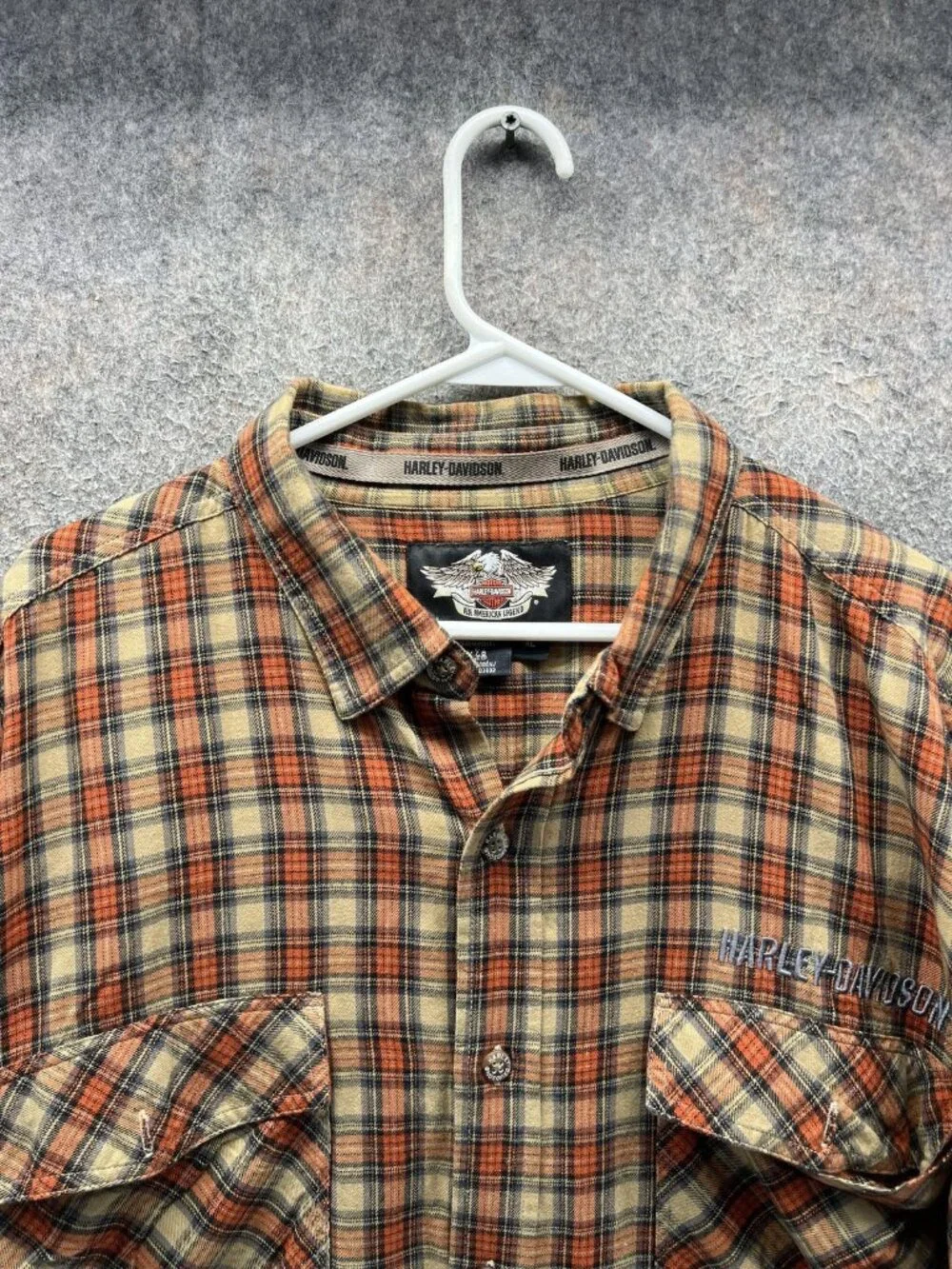Harley-Davidson Shirt Mens XL Orange Plaid Long Sleeve Snap Front Flannel Casual - Picture 7 of 10
